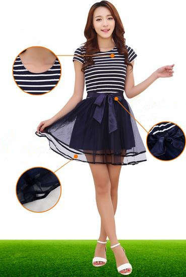 Family Look Striped Summer Dress 2015 Patchwork Family Matching Outfits Matching Mother Daughter Clothes Bow Mesh Tutu Dresses3