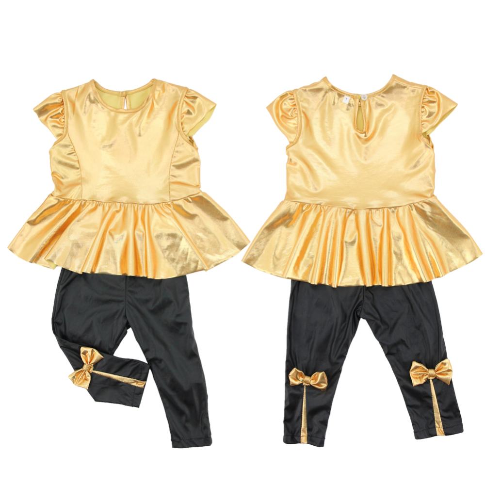 Factory Price, Fashion Baby Girls Kids T-Shirt Tops+ Legging Pants Children Clothes Sets Suit Outfits Golden+Black