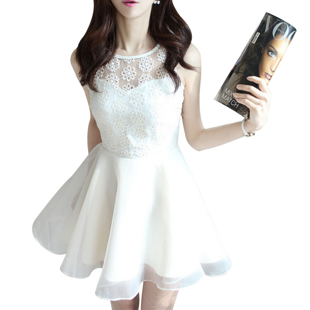 2016 Hot Sale Fashion Women Dresses Korean Cute Sleeveless Chiffon Organza Party Dresses O-Neck White Black Summer Dress MA0585