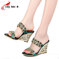 Rhinestone Leather Sandals Summer 2016 New Shoes Woman Rome High Heels Wedged Sandals Large Size 40