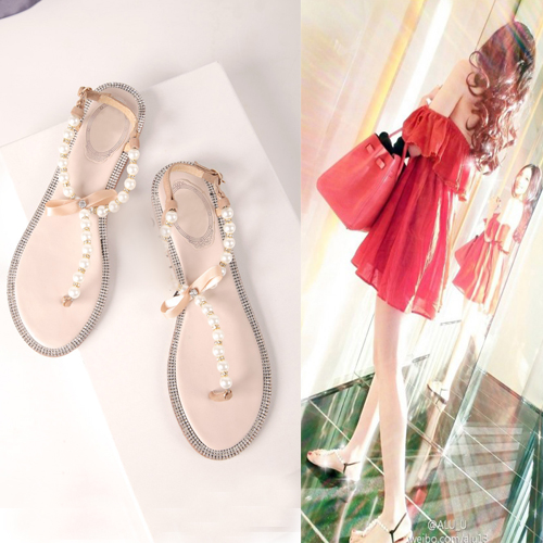 Здесь можно купить  The new spring and summer 2015 pearl diamond flat flat with elegant Roman Leather sandals women  Обувь