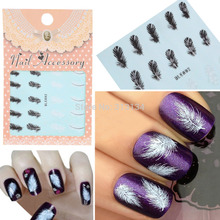 20pcs/sheet Black & White Feather Nail Art Decals Water Transfer Nail Stickers Nail Art Wrap Tips Decoration