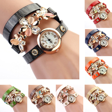 Mujeres de la muchacha con estilo Rhinestone Gardenia flor Wrap pulsera correa de cuero análogo del movimiento del cuarzo