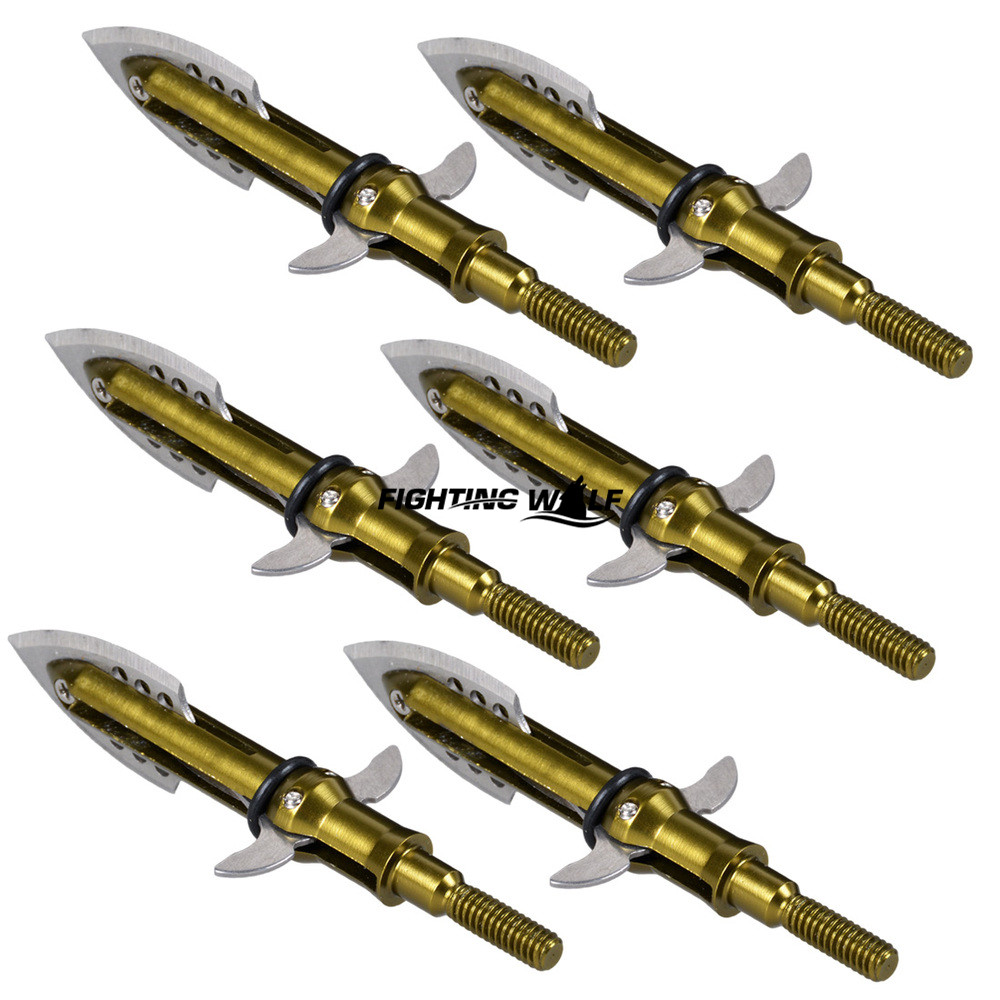 1PCS 100 Grain Golden Stainless Steel Arrow Heads 2 Expandable Blade Archery Broadheads for Outdoor Hunting