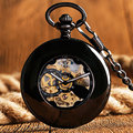 Vintage Smooth Case Fob Roman Numerals Steampunk Black Automatic Mechanical Pocket Watch Luxury Men Women Clock