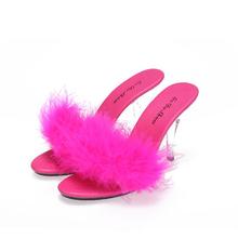 2016 summer sexy high-heeled shoes sexy transparent glass slipper plush high-heeled sandals and slippers large size shoe game