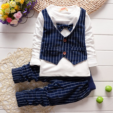 2016 Spring gentleman baby boys clothing set bowknot vest kids clothing set plaid pants british waistcoat baby suit for children