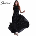 2016 Elegant Vintage Women Polka Dot Black Chiffon Dress Casual Summer Sundress Vestidos Beach Night Party