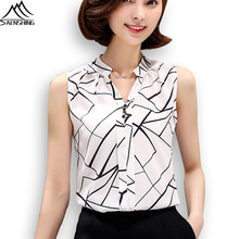 SAENSHING 2016 Summer Chiffon Blouse Mujer Printed Sleeveless Women Blouses White Striped Blusas Shirts Female Office kimono