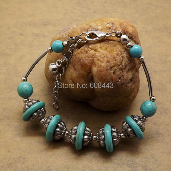 Br256 Gypsy Handmade Vintage Tibetan Silver Turquoise Stone Beaded