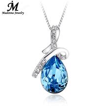 Women Jewelry Tear Drop Shaped Silver-Plated Angel sapphire Pendant Necklace Austrian Crystal Blue CZ Diamond Charm Jewelry
