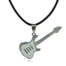 Punk Style Titanium Stainless Steel Guitar Pendant Necklace Wax Rope Chain Fashion Jewelry For Men Women
