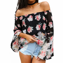Mujeres ropa Casual sexy hombros desnudos cuerno camisa de gasa manga Blusas de manga larga Femininas impreso Floral tapas de la blusa(China (Mainland))