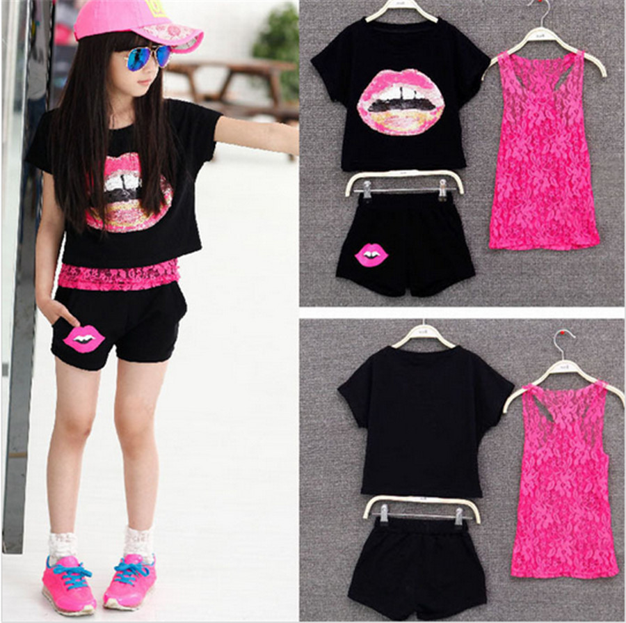 2016 Mother Kids Girl Summer Clothing Set Teenage Girls clothing 3 Pieces Sets Lace Tank Top