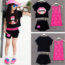 Retail 2015 Girls Summer Clothing Set Kids Girls European Girls 3 Pieces Sets Lace Tank Top & T-shirt & Shorts Summer Style