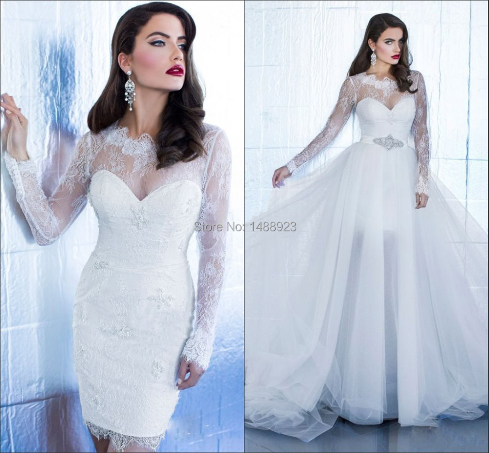 New Arrival Tulle Short Wedding Dresses With Detachable Train Long 2017 White Long Sleeve Detached Wedding Dresses High