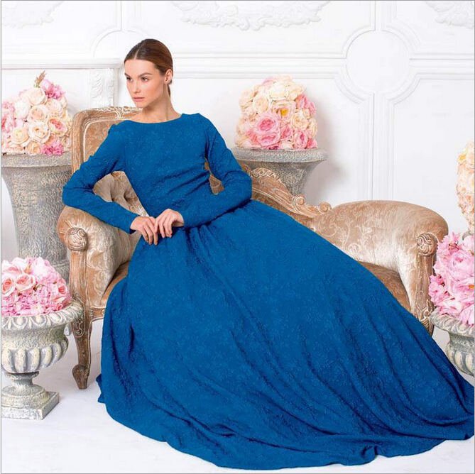 European New Fashion 2016 Runway O-Neck Long Sleeve Blue Jacquard Slim Ball Gown Full Dress Plus Size Clothing Vintage Dress