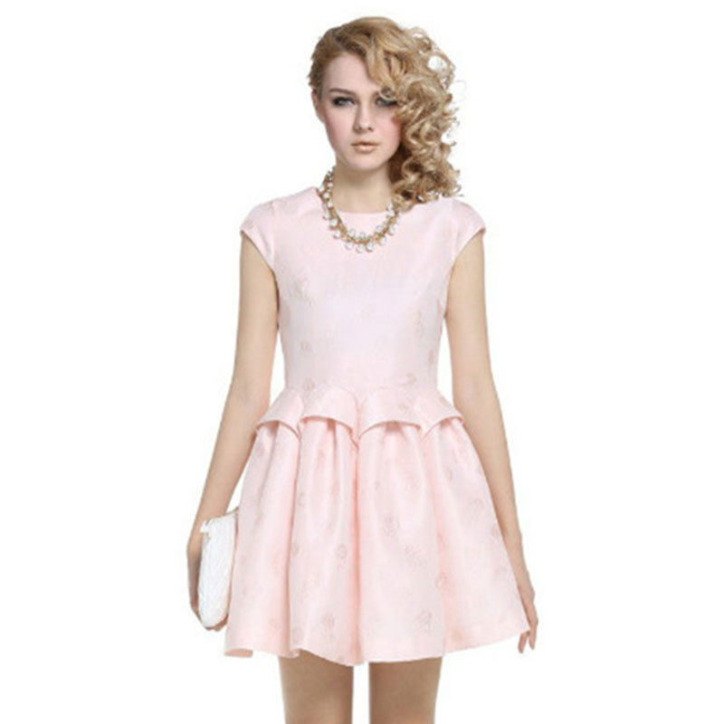 Casual Dress 2015 Summer Fashion Brand Dress Short Sleeve Pink&White Brief Creased Dresses For Women