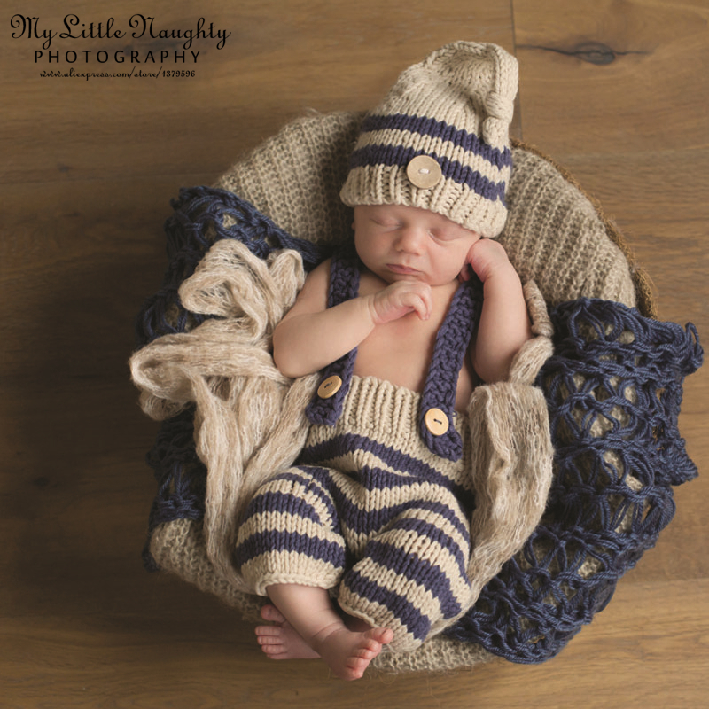 Newborn baby photography props infant knit crochet costume blue striped soft outfits elf button beanie pants