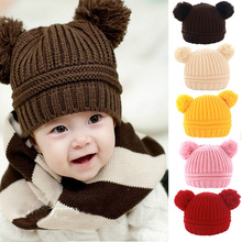 baby hat 2015 Korean New Fashion Baby Girls Boys Kids Children Dual Ball Knit Sweater Cap Hats Winter Warm Knitted 5 colors