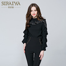 Scarlett Paiya Europe 2016 new spring coat Beaded shirt sleeved Turtleneck Shirt all-match slim women