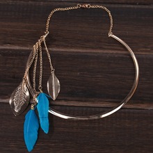 Fashion Women Hot Jewelry Round Rose Gold Bib Collar Chain Blue Feather Dangle Necklace For Women