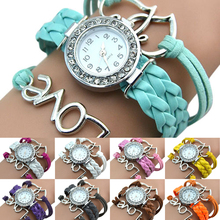 De la muchacha que hace punto Faux Leather Band amor del encanto del corazón Rhinestone reloj de la pulsera 4KOL