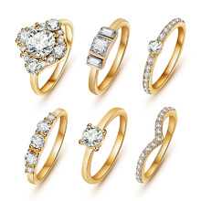 (6pcs /set) Hot Shiny 18K Gold Crystal Austrian Zircon Rings Set Noble Charms Wedding Rings For Women Girls Sapphire Jewelry