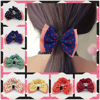 Free Shipping 12PCS Chiffon Polka Dots Double Layer Bowknots Hair Bands Elastic Ties Ponytail Holder