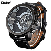 2016 Famosa Oulm Men Watches Leather Band Dual Display Quartz Wrist Watch Outdoor Military Sports Watches Relojes Hombre Marca