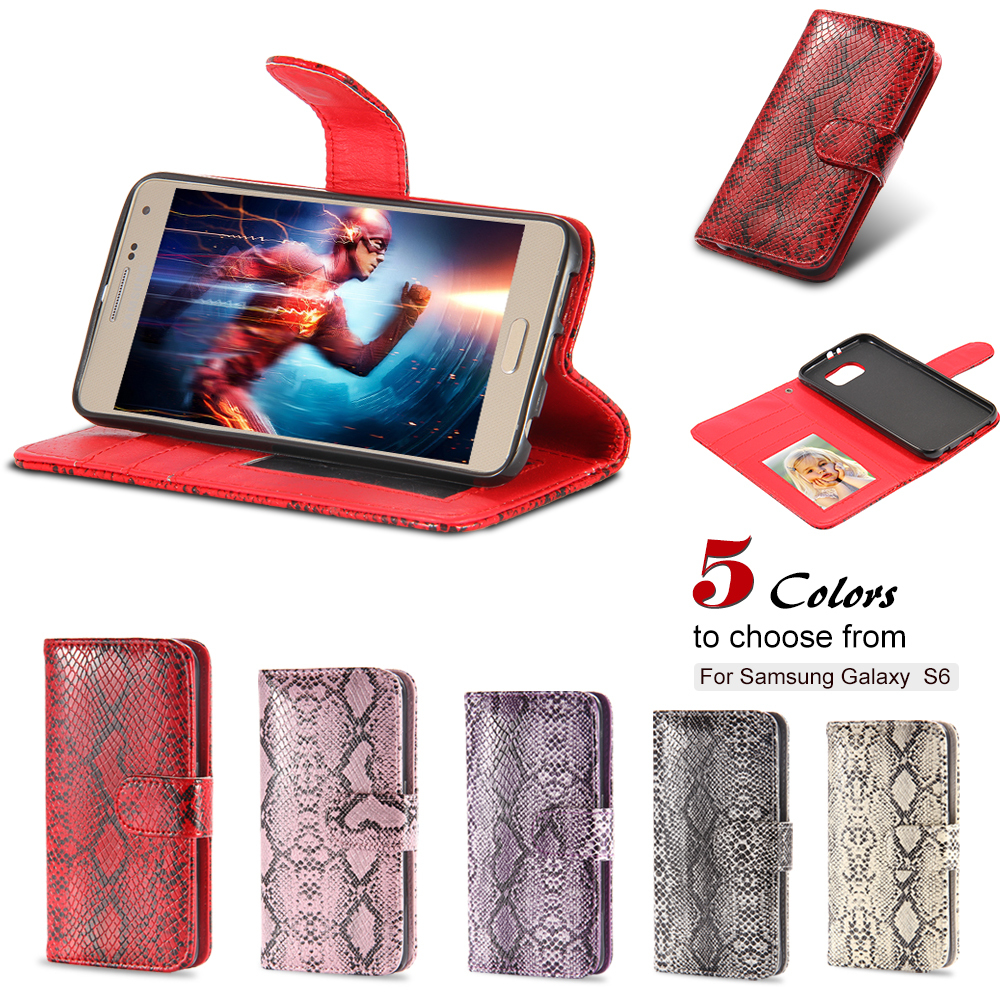 10pcs/lot For Galaxy S6 Sexy Snake Leather Wallet Stand + Photo Card Slot Case for Samsung Galaxy S6 Flip Retro Phone Cover Bags