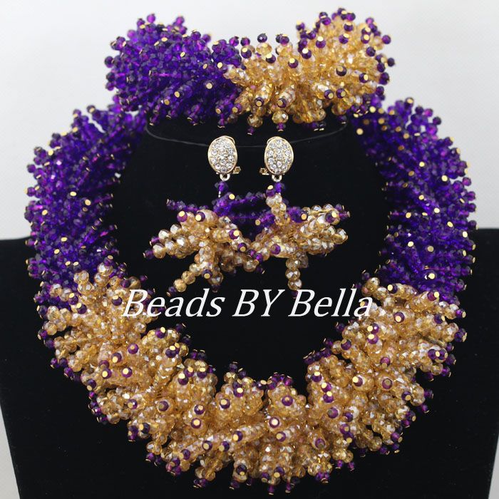 Exclusive Gold Purple Crystal Beads Necklace Bridal Jewelry Sets Nigerian Wedding African Beads Jewelry Set Free Shipping ABF172