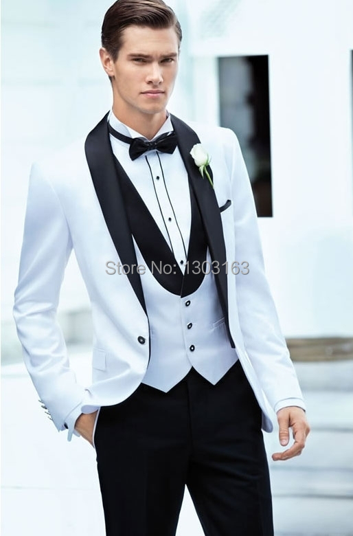 Custom Made One Button White Groom Tuxedos Shawl Satin Lapel Best Man Groomsman Men Wedding Suits Bridegroom JacketPantsVestTie