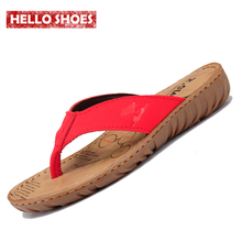 Women’s Wedges Flip Flops Ladies Beach Shoes Cowhide Slippers Cow Muscle Outsole Summer 2015 Sandals For Women Size:35-39 Red