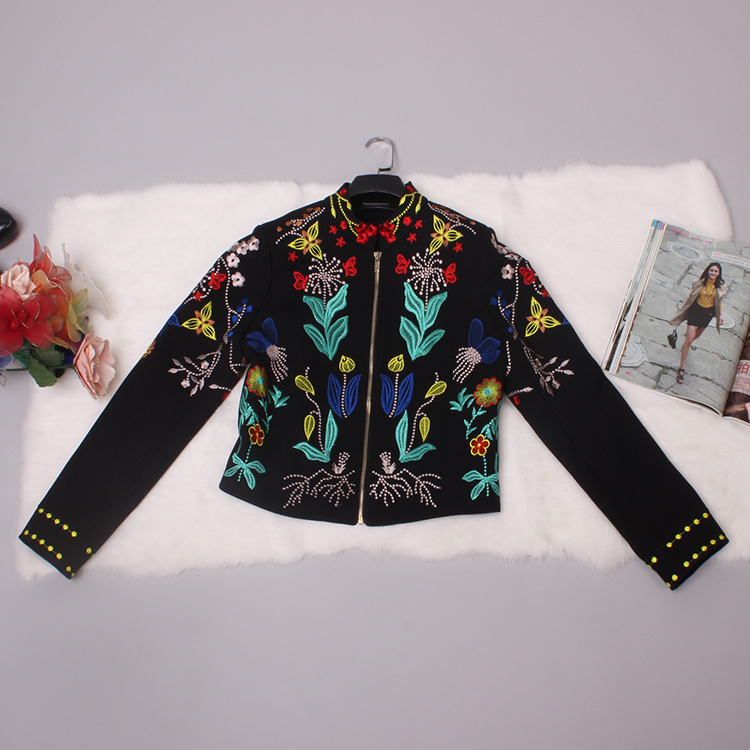 Vintage Jacket 2015 Autumn-Winter New Fashion Runway Coat Full Sleeve Mazy Flower Embroidery Black Brand Jacket Women