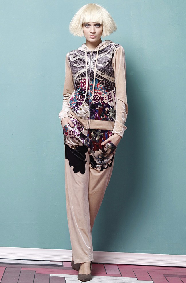 Abstract Printing Velvet Material Women Sports Suit Pants Tracksuits (5)