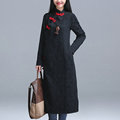 Fall New Long Sleeve Stand Neck Cotton Linen Women Jacquard Cheongsam Dress Plus Size Vintage Robe