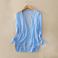 Women s open stitch summer cardigan ramie cotton knitting with single breasted V neck