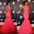 High Neck Peach Color Celebrity Dress 2017 Floor Long Mermaid Red Carpet Dresses Floral Appliques Party