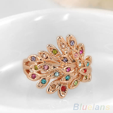 Women s Austrian Crystal 9K Gold Plated Colorful Rhinestone Peacock Wedding Ring 07BL