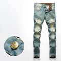 Male personality ripped broken hole full length casual jeans trousers fashion trend slim fit distressed denim