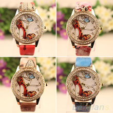 Women s Retro Rhinestone High Heeled Shoe Printed Faux Leather Wrist Watch 6L8D