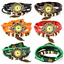 2015 nueva caliente de la venta del relogio feminino reloj de la alta calidad mujeres del cuero genuino Vintage relojes pulsera relojes de pulsera colgante de la hoja