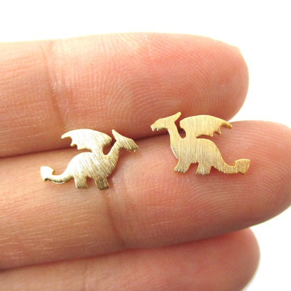 Small Dragon Silhouette with Wings Animal Shaped Stud Earrings in Gold Handmade Animal Jewelry