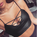 2016 Summer New Fashion Women Sexy Bustier Crop Top Tank PU Leather Camisole Straps Tight Bandage