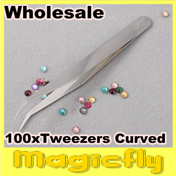 Free Shipping 10pcs/lot good quality Nail Art Tweezers Curved & Straight Pointed Rhinestone Tweezers Makeup Beauty