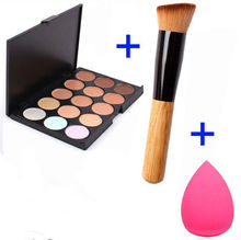15 Color Concealer Palette + Wooden Handle Brush + Teardrop-shaped Puff Makeup Base Foundation Concealers Face Powder