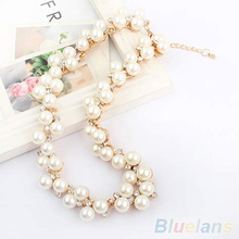 Women s Fashion Shiny Alloy Golden Rhinestone Faux Pearl Beads Necklace Jewelry 1D35