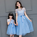 2016 new mother daughter dresses women fashion blue lace flower mesh dress family look long summer