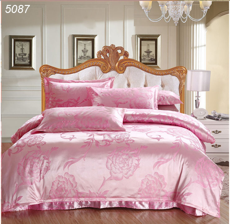 Pink Flowers 4pcs Silk Bedspreads King Size Silk Bedding Sets Satin Silk Duvet Cover Tencel 5149